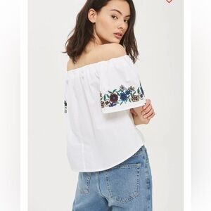 Topshop Off The Shoulder Embroidered Floral Bardot Top Blouse Pink Green Orange